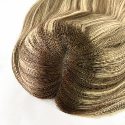 Mocha Blend 8x8 Silk Hair Topper – Natural Balayage Highlights, 100% Virgin Human Hair with Natural Scalp Effect