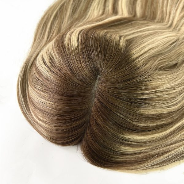 Mocha Blend 8x8 Silk Hair Topper – Natural Balayage Highlights, 100% Virgin Human Hair with Natural Scalp Effect