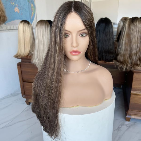 Mocha Glow Lace Top Wig – 24 Inch Virgin Human Hair, Lace Top Design, Mocha Brown with Highlights