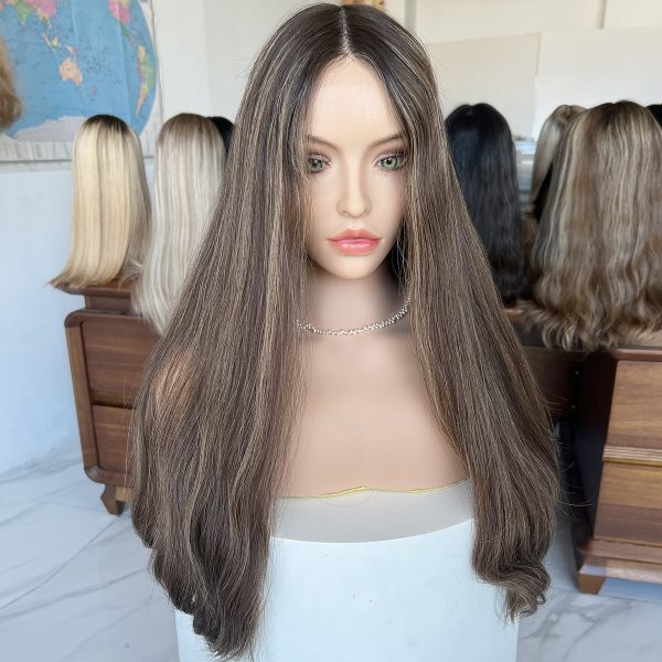 Mocha Glow Lace Top Wig – 24 Inch Virgin Human Hair, Lace Top Design, Mocha Brown with Highlights