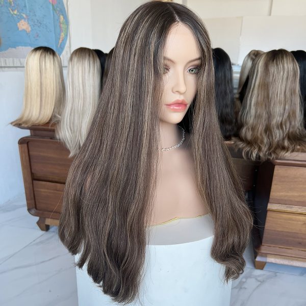 Mocha Glow Lace Top Wig – 24 Inch Virgin Human Hair, Lace Top Design, Mocha Brown with Highlights