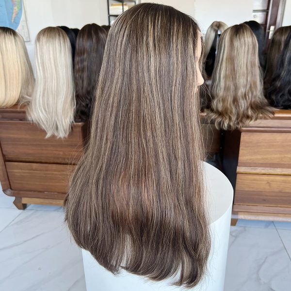 Mocha Glow Lace Top Wig – 24 Inch Virgin Human Hair, Lace Top Design, Mocha Brown with Highlights