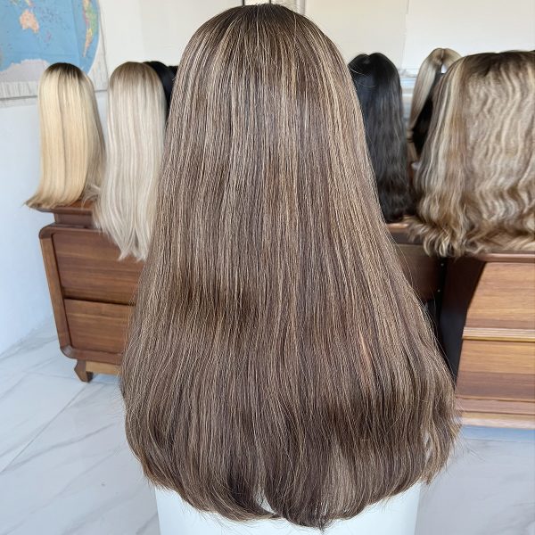 Mocha Glow Lace Top Wig – 24 Inch Virgin Human Hair, Lace Top Design, Mocha Brown with Highlights