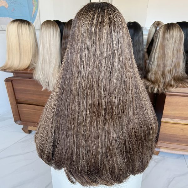 Mocha Glow Lace Top Wig – 24 Inch Virgin Human Hair, Lace Top Design, Mocha Brown with Highlights