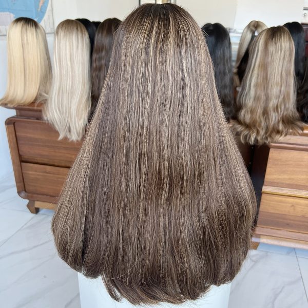 Mocha Glow Lace Top Wig – 24 Inch Virgin Human Hair, Lace Top Design, Mocha Brown with Highlights