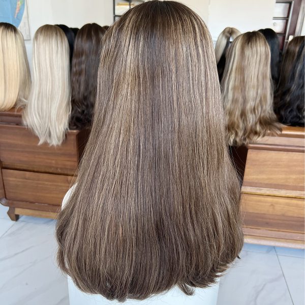 Mocha Glow Lace Top Wig – 24 Inch Virgin Human Hair, Lace Top Design, Mocha Brown with Highlights