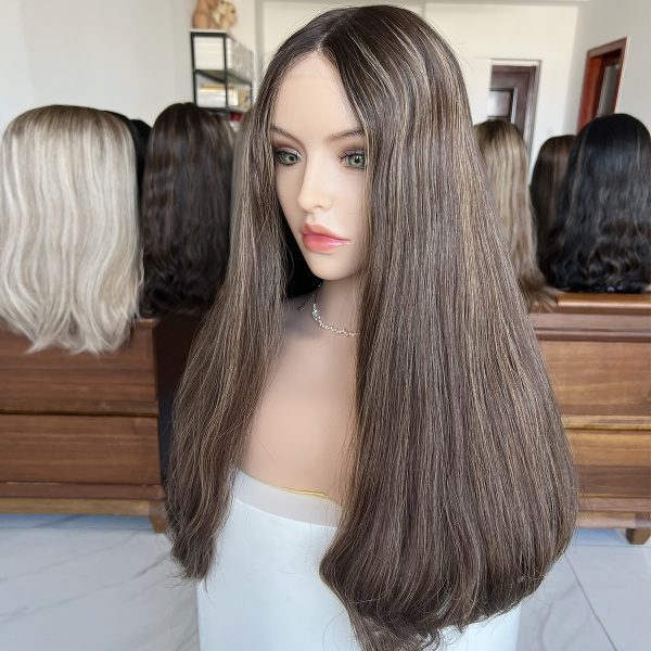 Mocha Glow Lace Top Wig – 24 Inch Virgin Human Hair, Lace Top Design, Mocha Brown with Highlights