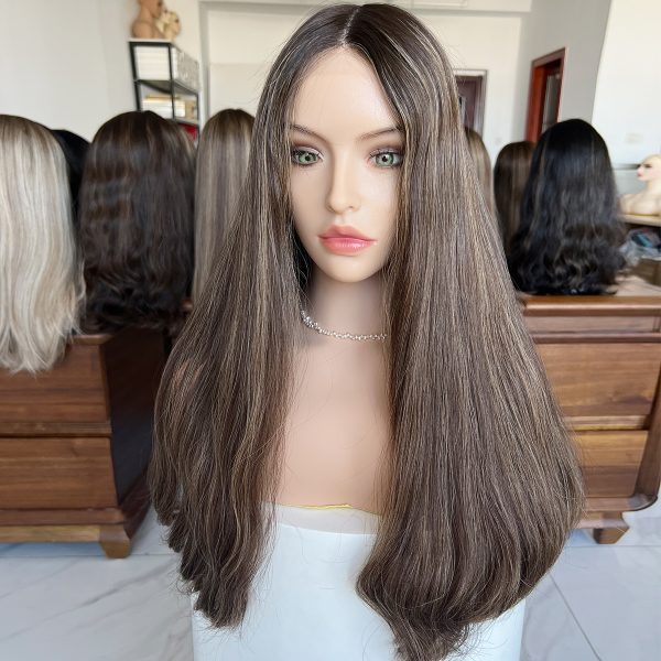 Mocha Glow Lace Top Wig – 24 Inch Virgin Human Hair, Lace Top Design, Mocha Brown with Highlights