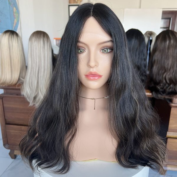 Midnight Glow Lace Top Wig – 20 Inch Virgin Human Hair, Natural Wavy Texture, Natural Black with Subtle Brown Highlights