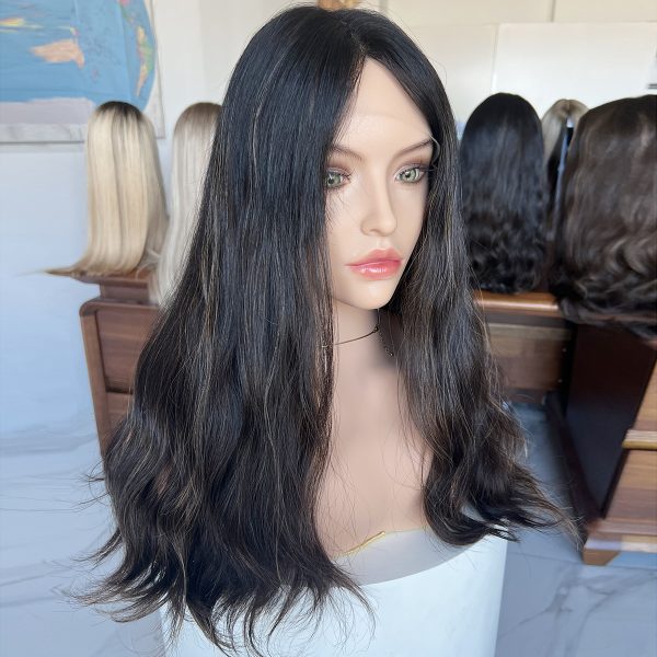 Midnight Glow Lace Top Wig – 20 Inch Virgin Human Hair, Natural Wavy Texture, Natural Black with Subtle Brown Highlights