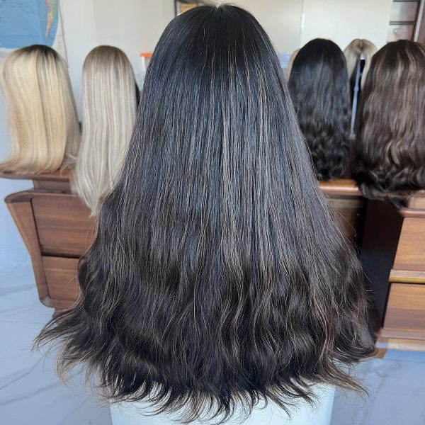Midnight Glow Lace Top Wig – 20 Inch Virgin Human Hair, Natural Wavy Texture, Natural Black with Subtle Brown Highlights