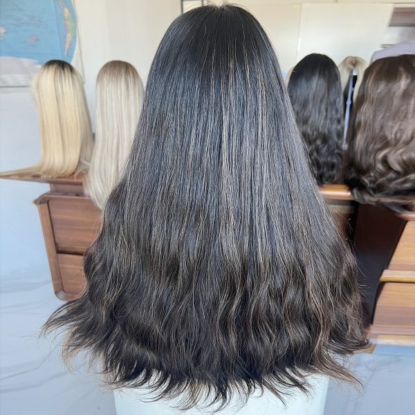 Midnight Glow Lace Top Wig – 20 Inch Virgin Human Hair, Natural Wavy Texture, Natural Black with Subtle Brown Highlights