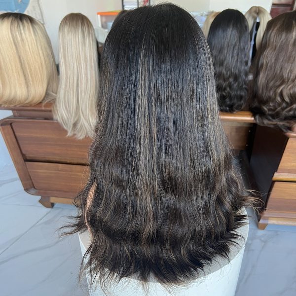 Midnight Glow Lace Top Wig – 20 Inch Virgin Human Hair, Natural Wavy Texture, Natural Black with Subtle Brown Highlights