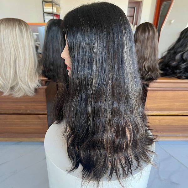 Midnight Glow Lace Top Wig – 20 Inch Virgin Human Hair, Natural Wavy Texture, Natural Black with Subtle Brown Highlights
