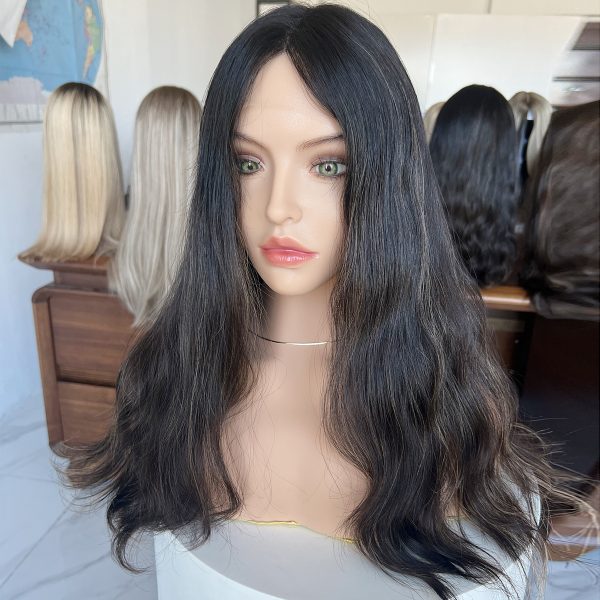 Midnight Glow Lace Top Wig – 20 Inch Virgin Human Hair, Natural Wavy Texture, Natural Black with Subtle Brown Highlights
