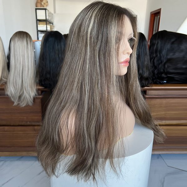 Ash Brown Waves Lace Top Wig – 24 Inch Virgin Human Hair, Natural Wavy Texture, Soft Ash Brown with Highlights
