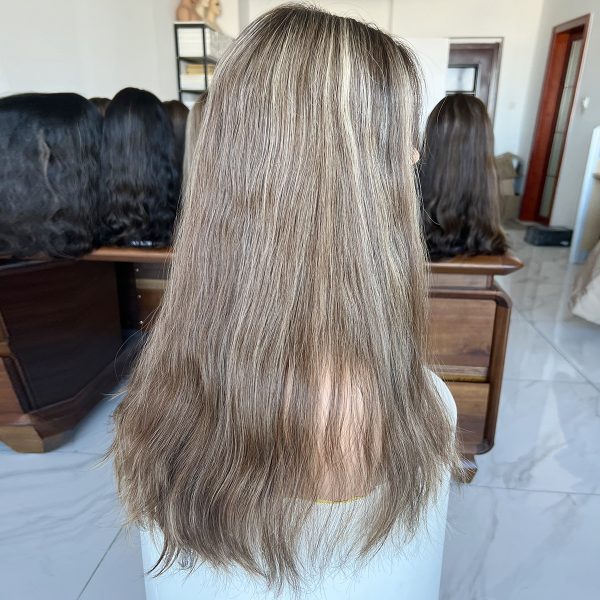 Ash Brown Waves Lace Top Wig – 24 Inch Virgin Human Hair, Natural Wavy Texture, Soft Ash Brown with Highlights