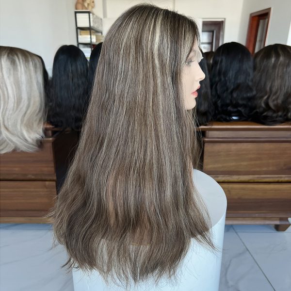Ash Brown Waves Lace Top Wig – 24 Inch Virgin Human Hair, Natural Wavy Texture, Soft Ash Brown with Highlights