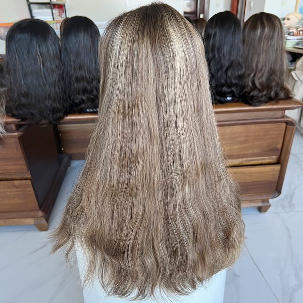 Ash Brown Waves Lace Top Wig – 24 Inch Virgin Human Hair, Natural Wavy Texture, Soft Ash Brown with Highlights