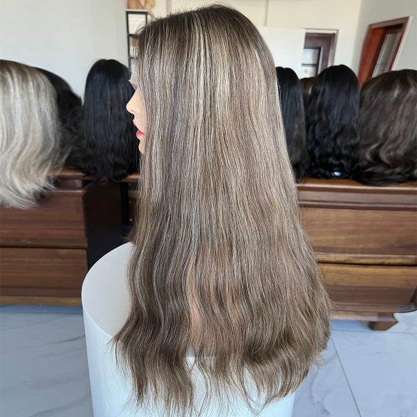 Ash Brown Waves Lace Top Wig – 24 Inch Virgin Human Hair, Natural Wavy Texture, Soft Ash Brown with Highlights