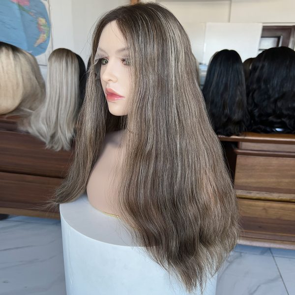 Ash Brown Waves Lace Top Wig – 24 Inch Virgin Human Hair, Natural Wavy Texture, Soft Ash Brown with Highlights