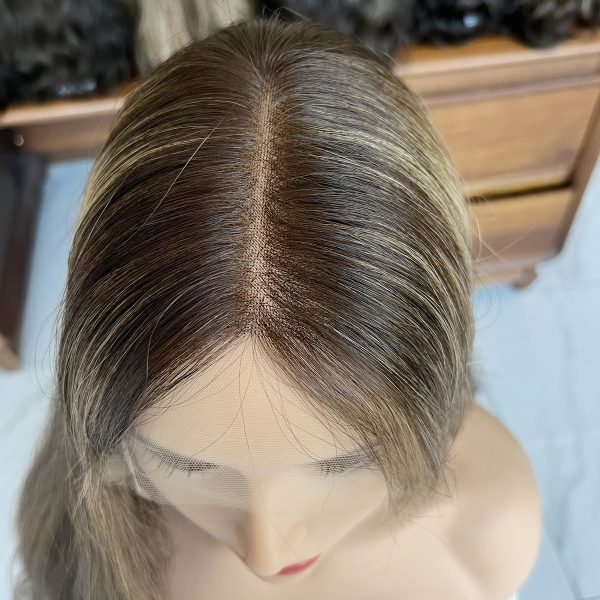 Ash Brown Waves Lace Top Wig – 24 Inch Virgin Human Hair, Natural Wavy Texture, Soft Ash Brown with Highlights