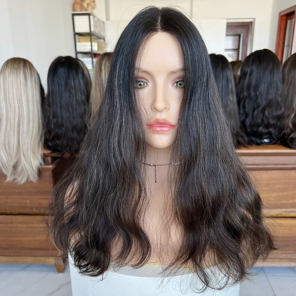 Natural Ebony Lace Top Wig – 20 Inch Virgin Human Hair, Natural Wavy Texture, Natural Black with Subtle Dark Brown Highlights