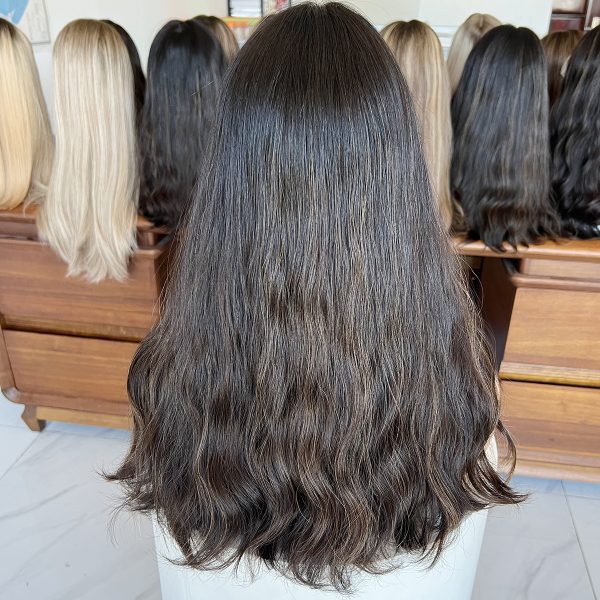 Natural Ebony Lace Top Wig – 20 Inch Virgin Human Hair, Natural Wavy Texture, Natural Black with Subtle Dark Brown Highlights