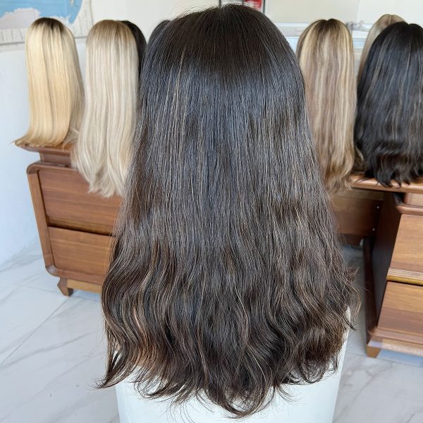 Natural Ebony Lace Top Wig – 20 Inch Virgin Human Hair, Natural Wavy Texture, Natural Black with Subtle Dark Brown Highlights