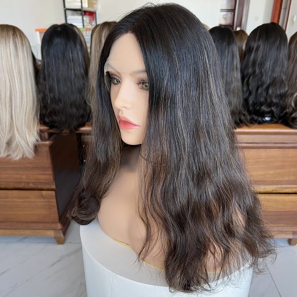 Natural Ebony Lace Top Wig – 20 Inch Virgin Human Hair, Natural Wavy Texture, Natural Black with Subtle Dark Brown Highlights