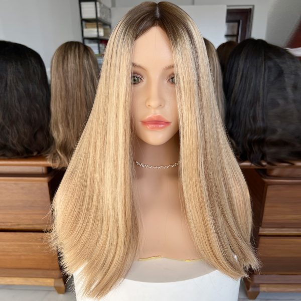 Golden Luxe Silk Top Lace Wig – 20 Inch Virgin Human Hair, Sleek Straight Blonde Wig with Natural Scalp Effect