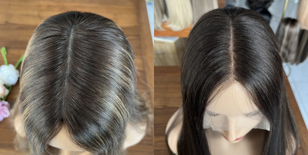 Side-by-side comparison of a top lace wig and a silk top lace wig. The top lace shows a lace grid, while the silk top displays a natural scalp-like look.