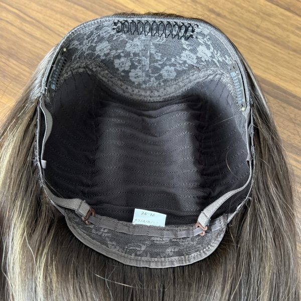 Customized bandfall wig with a natural brown base and low highlights for added dimension