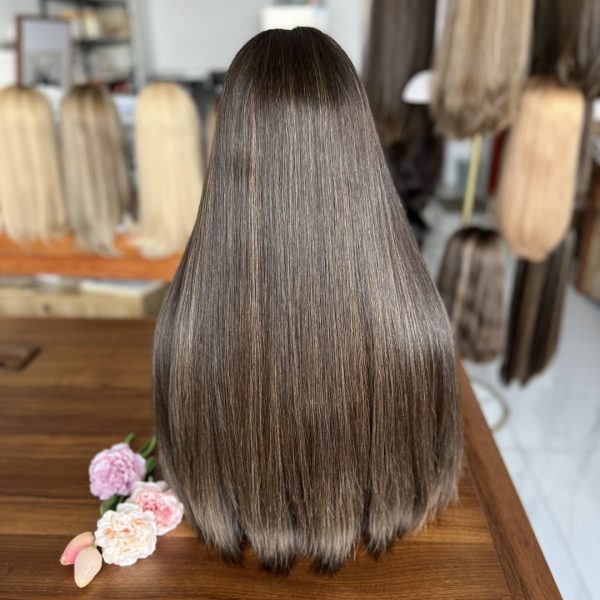 Top lace wig in dark brown with low highlights (#8/2), 100% virgin human hair