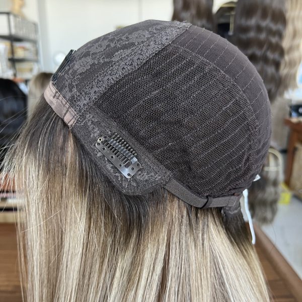Skin top blonde wig in #8D/60, featuring deep golden blonde with platinum highlights, crafted from 100% human hair for a natural look.