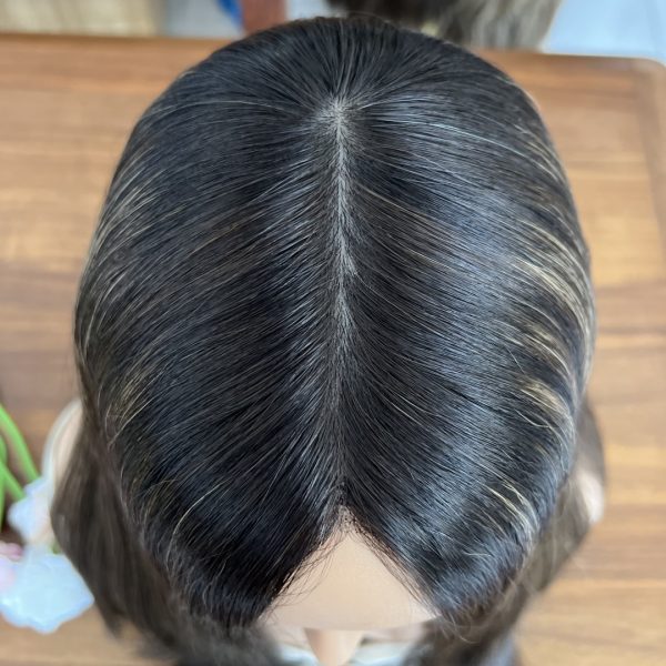 Premium skin top human hair wig in natural black with highlights (#1HL), featuring a realistic scalp look.