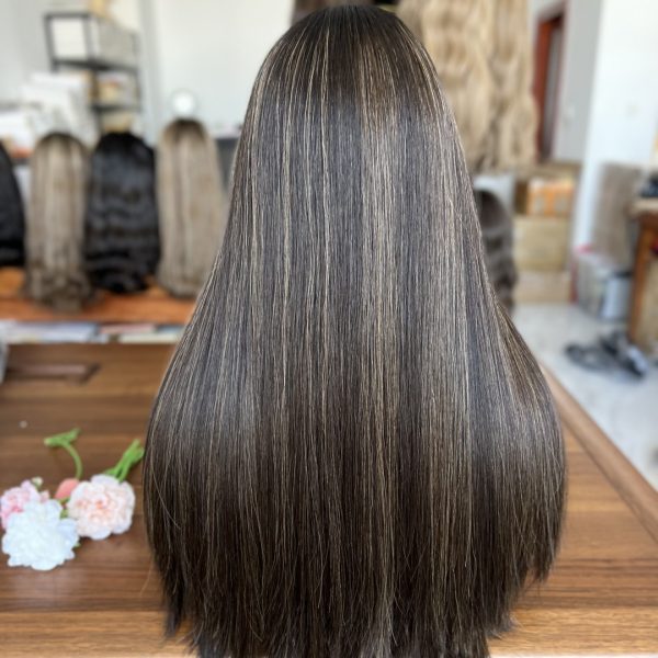 Premium skin top human hair wig in natural black with highlights (#1HL), featuring a realistic scalp look.