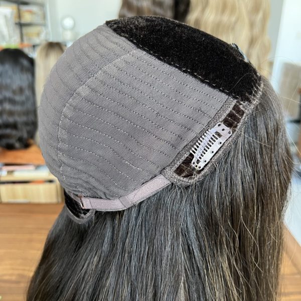 Skin top human hair wig with velvet lace base in rich brunette #1/8, full density for volume and coverage.