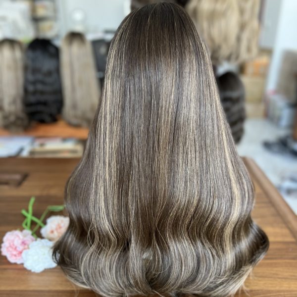 Luxury wavy top lace wig in color #2HL, styled 24-inch length, medium brown with highlights, 100% virgin human hair
