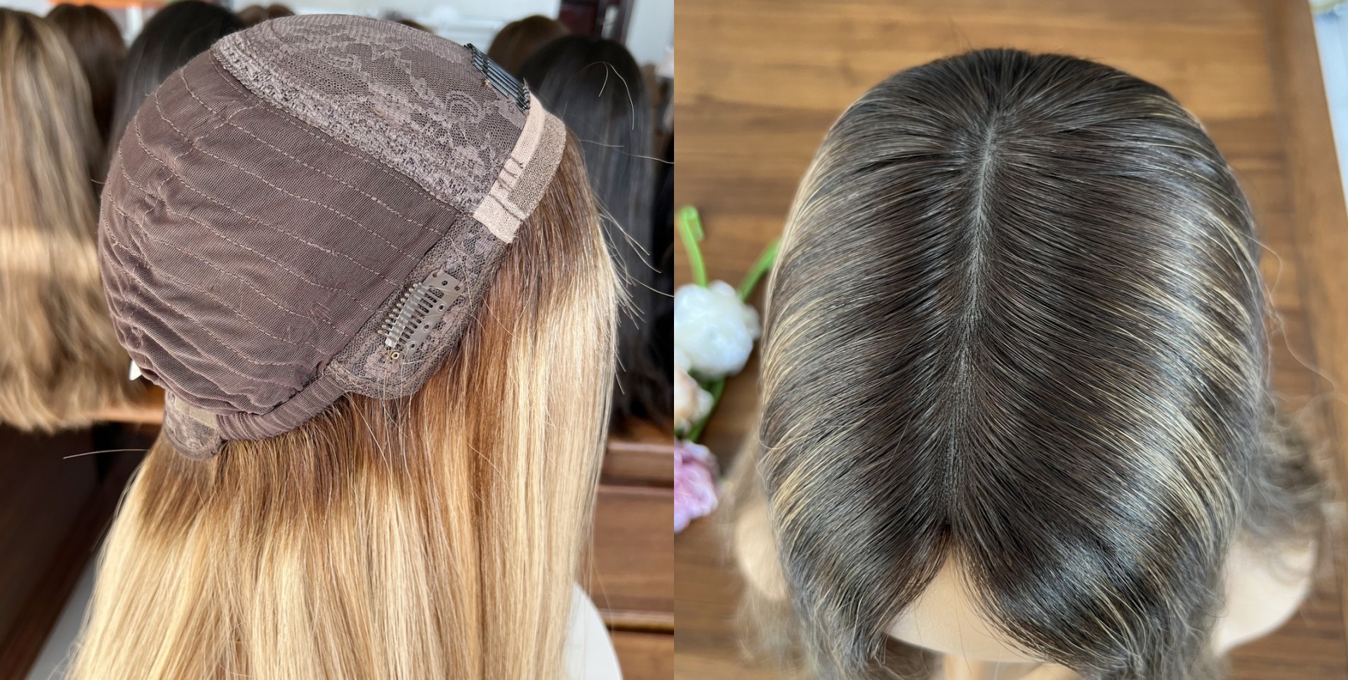 Close-up of a silk top lace wig showing the interior cap construction with lace and adjustable clips on the left, and a realistic scalp parting on the right.